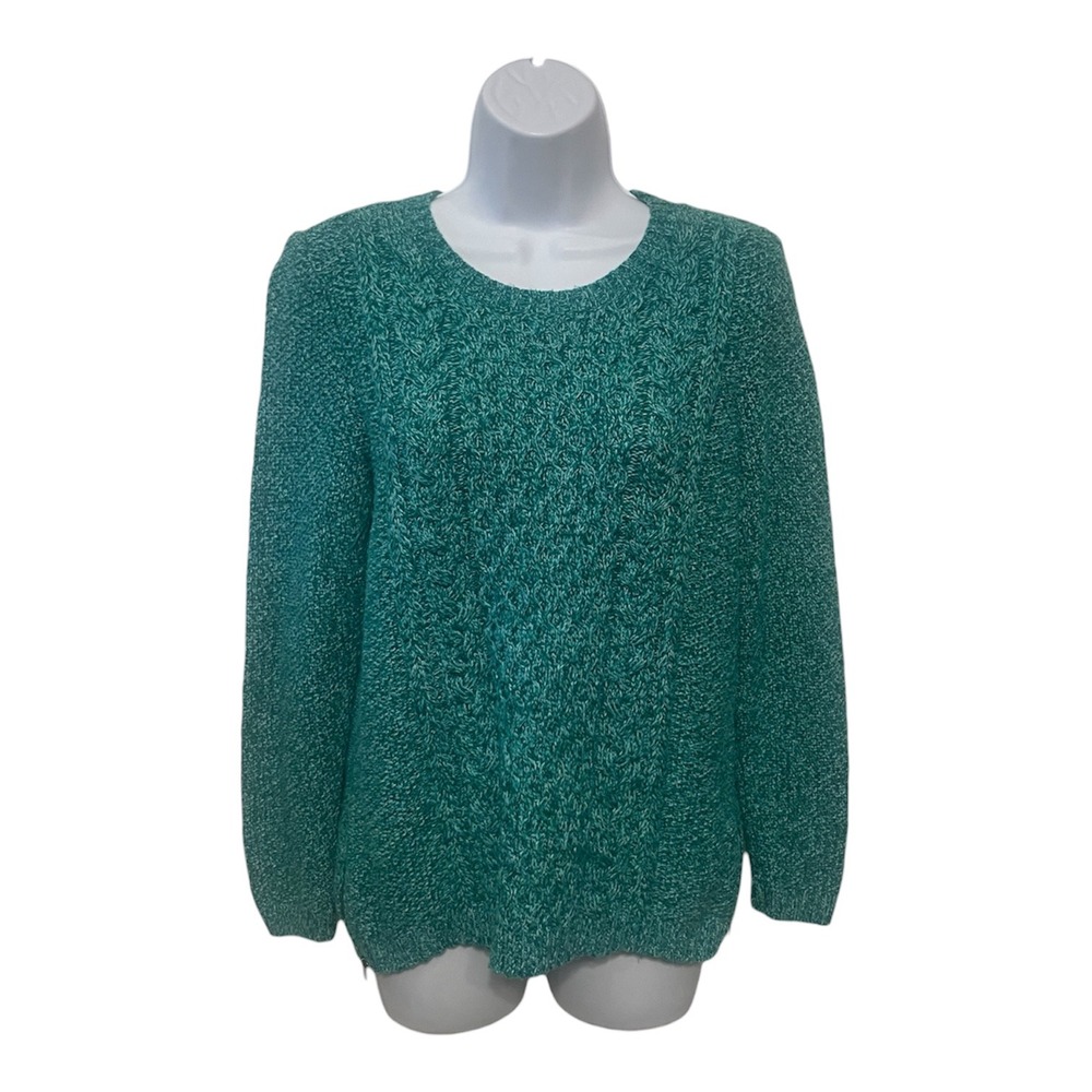 Talbots Petites Teal Marl Cable Knit Merino Wool Blend Sweater Side Zip MP